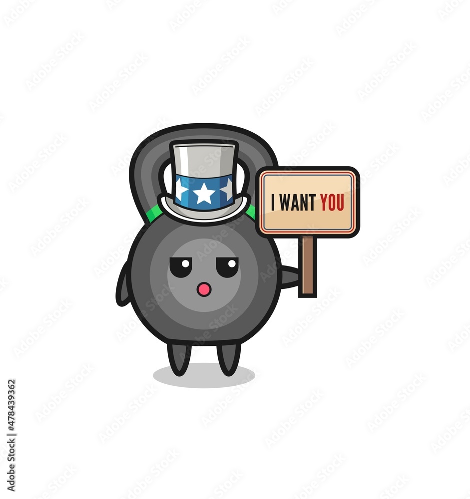 Fototapeta premium kettlebell cartoon as uncle Sam holding the banner I want you
