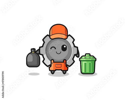 the mascot of cute gear as garbage collector