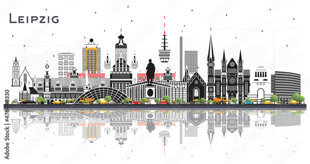 Leipzig Germany City Skyline with Gray Buildings and Reflections Isolated on White.