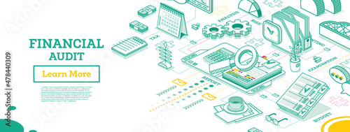 Financial Audit. Isometric Business Concept. Account Tax Report. Open Folder with Documents.