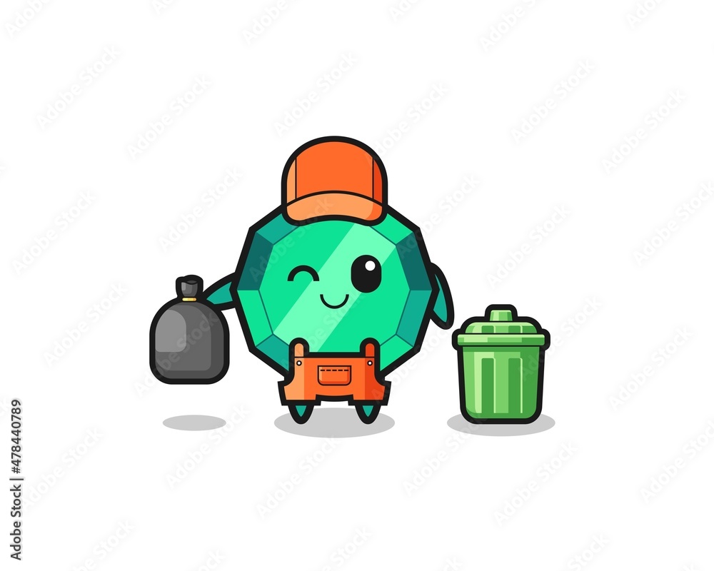 the mascot of cute emerald gemstone as garbage collector the mascot of cute emerald gemstone as garbage collector