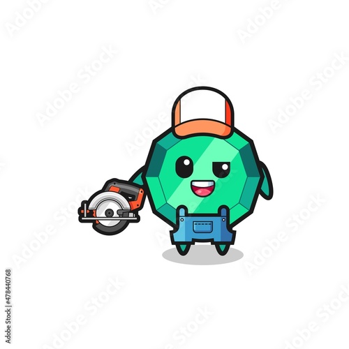 the woodworker emerald gemstone mascot holding a circular saw