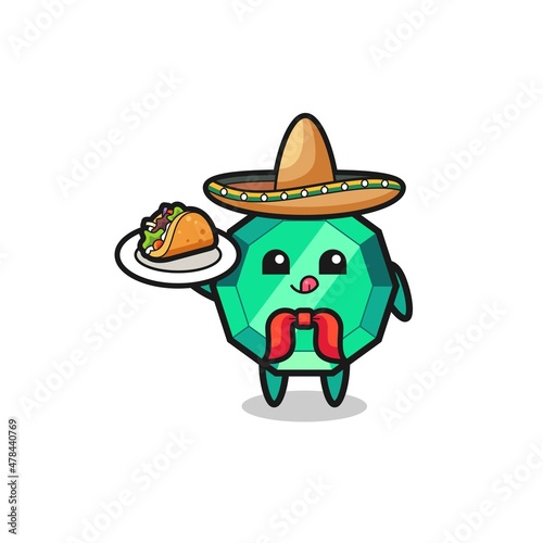 emerald gemstone Mexican chef mascot holding a taco