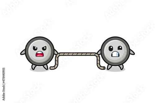 cute button cell character is playing tug of war game