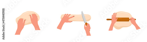 Kneading dough hands. Woman rolls homemade dough with rolling pin. Top view. Cooking school. Stay home and cook healthy food by recipe. Vector illustration in flat cartoon style.