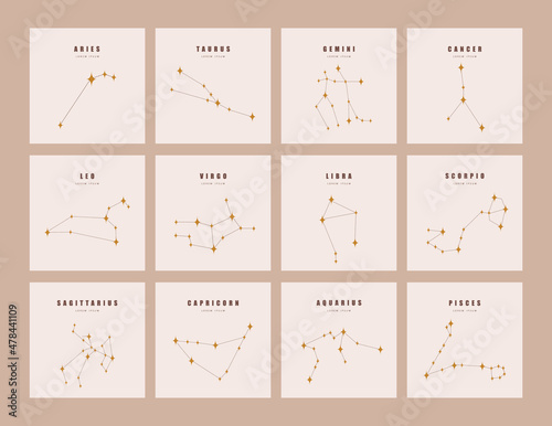 Set of zodiac constellations. Horoscope vector illustration in boho style. Mystery and esoteric. Spiritual tarot poster. Magic occult and astrology cards.