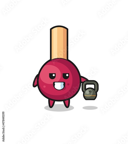 matches mascot lifting kettlebell in the gym