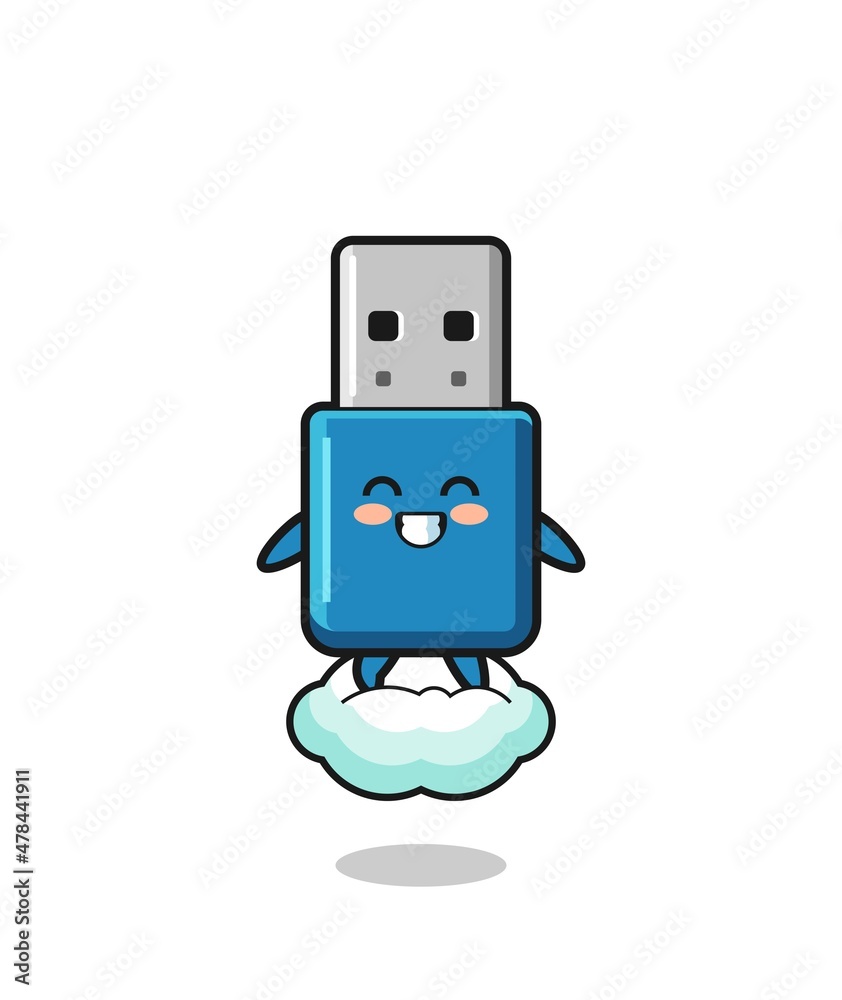 cute flash drive usb illustration riding a floating cloud