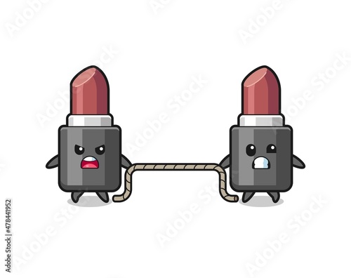 cute lipstick character is playing tug of war game