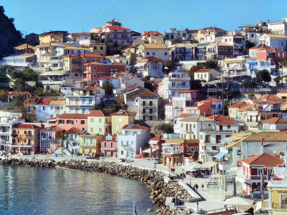 parga city greek tourist resort houses roofs sea , greece