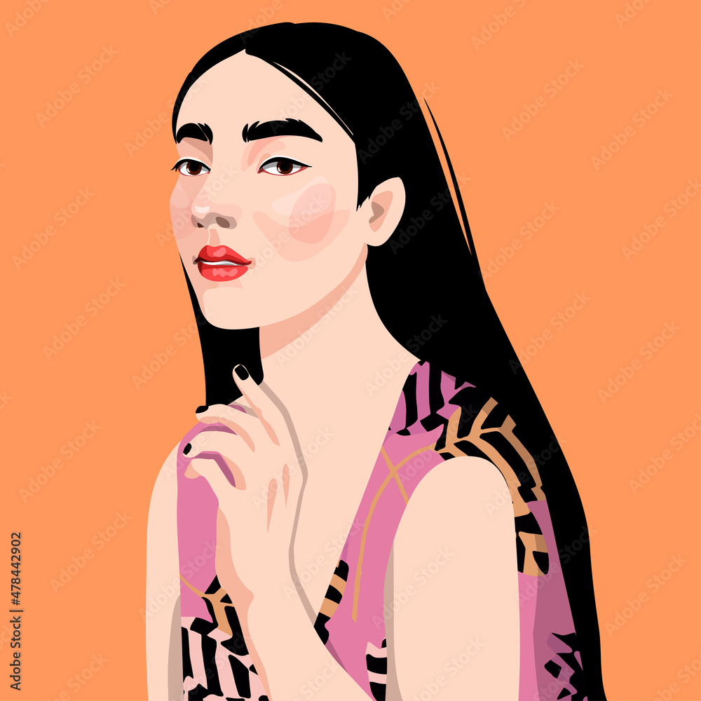 Pop art face of an oriental lady. A young beautiful Japanese woman in a kimono, with red lips. Vector flat illustration photo