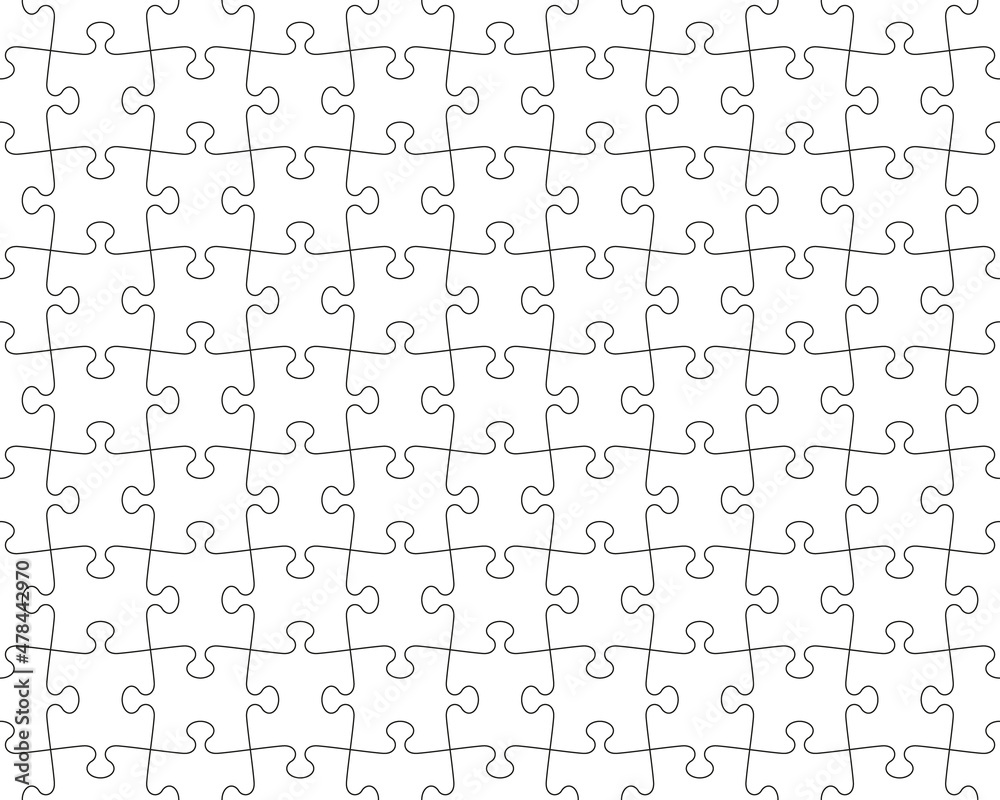 Puzzle pieces set. Jigsaw seamless grid. Modern background with separate shapes. Mosaic texture. Scheme of thinking game with details. Simple frame tiles. Vector illustration.
