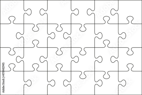 Puzzle pieces set. Jigsaw outline grid. Scheme of thinking game. Modern background with separate shapes. Simple frame tiles. Cutting template with 4x6 details. Mosaic silhouette. Vector illustration.