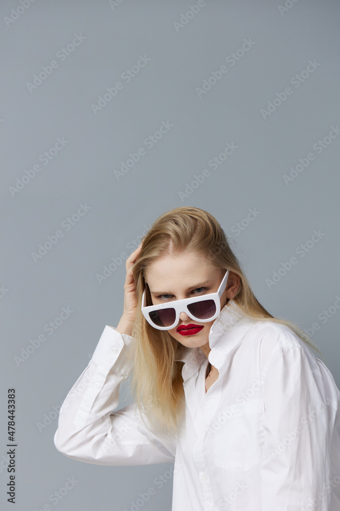 blonde woman red lips fashion glasses studio model unaltered blonde woman red lips fashion glasses studio model unaltered