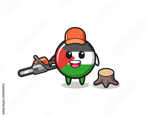 palestine flag lumberjack character holding a chainsaw