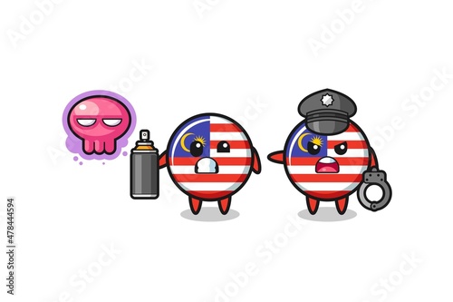 malaysia flag cartoon doing vandalism and caught by the police