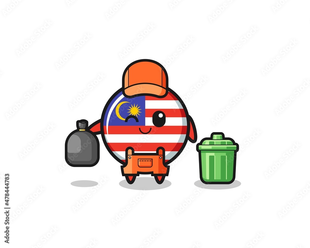 the mascot of cute malaysia flag as garbage collector