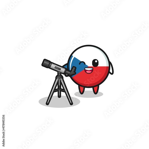 czech flag astronomer mascot with a modern telescope