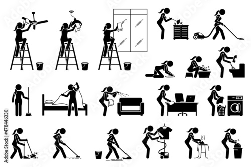 Woman cleaning tidying housekeeping house. Vector illustrations depict girl cleaning and wiping ceiling fan, light, window, furniture, washing toilet, sweeping, vacuum, mopping floor, and laundry.