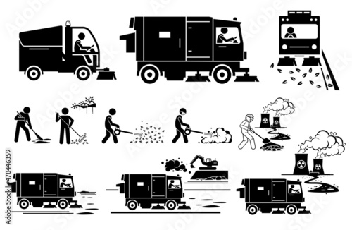 Street sweeper truck and worker collecting dirt, dusty, leaves, toxic waste on road side. Vector illustrations of people sweeping street and road with sweeper truck and other manual work methods. photo