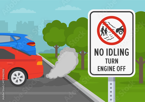 Outdoor parking rules. Close-up view of a "No idling, turn engine off" road or traffic sign. Idle-free zone. Flat vector illustration template.
