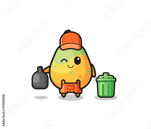 the mascot of cute papaya as garbage collector