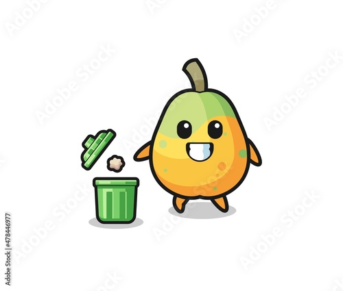illustration of the papaya throwing garbage in the trash can