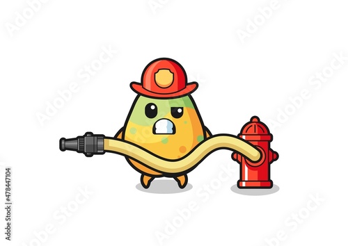 papaya cartoon as firefighter mascot with water hose