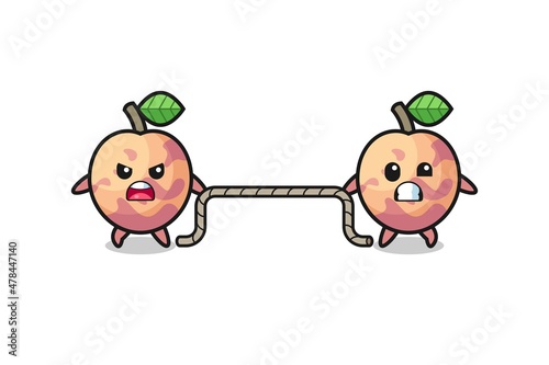 cute pluot fruit character is playing tug of war game