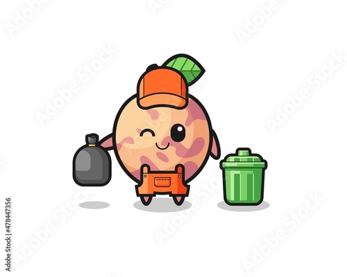 the mascot of cute pluot fruit as garbage collector