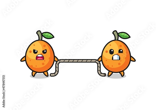 cute kumquat character is playing tug of war game