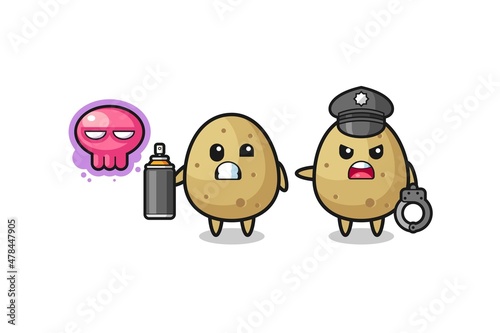 potato cartoon doing vandalism and caught by the police