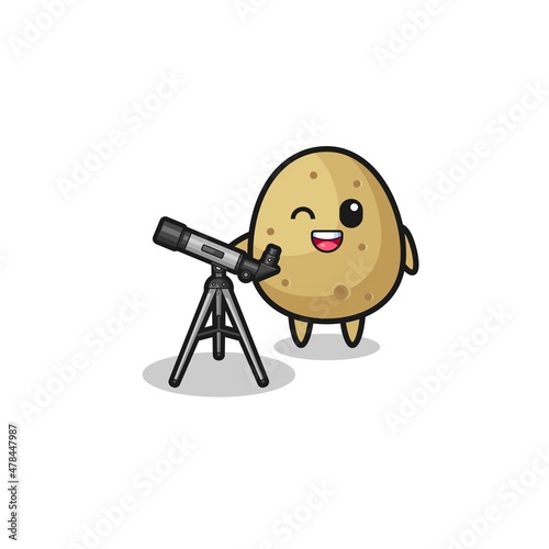 potato astronomer mascot with a modern telescope