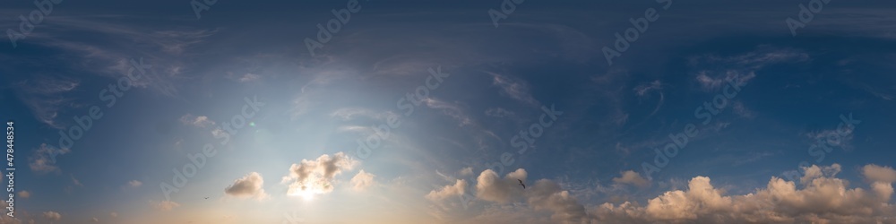 Blue sky panorama with Cirrus clouds in Seamless spherical equirectangular format. Full zenith for use in 3D graphics, game and editing aerial drone 360 degree panoramas for sky replacement. Blue sky panorama with Cirrus clouds in Seamless spherical equirectangular format. Full zenith for use in 3D graphics, game and editing aerial drone 360 degree panoramas for sky replacement.
