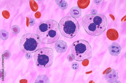 Multiple myeloma cells cluster in the blood flow - isometric view 3d illustration