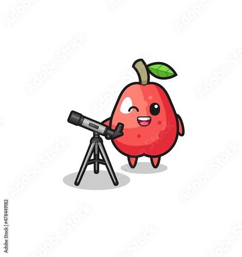 water apple astronomer mascot with a modern telescope