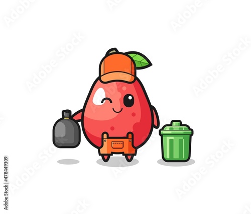the mascot of cute water apple as garbage collector