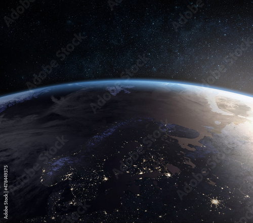 View of the Earth, star and galaxy. Sunrise over planet Earth, view from space. Concept on the theme of ecology, environment, Earth Day. Elements of this image furnished by NASA.