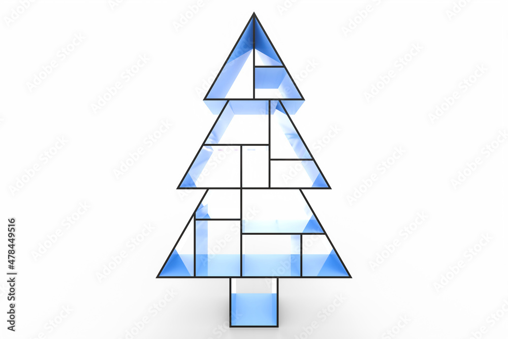 3D rendering. Abstract Christmas tree with asymmetric shelves isolated on white background. 3D rendering. Abstract Christmas tree with asymmetric shelves isolated on white background.