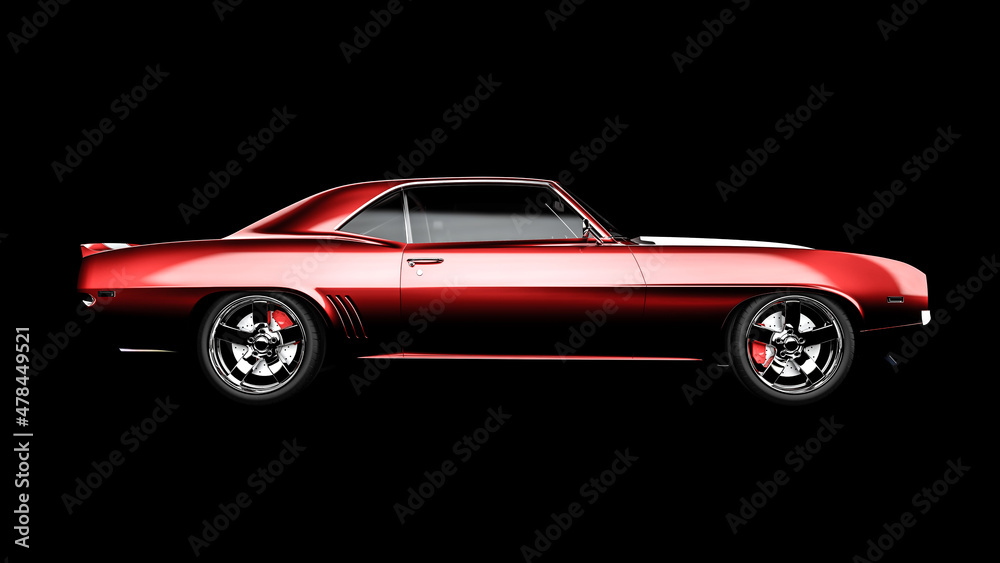 3D realistic illustration. Muscle red car rendering isolated on black background. Vintage classic sport car. 