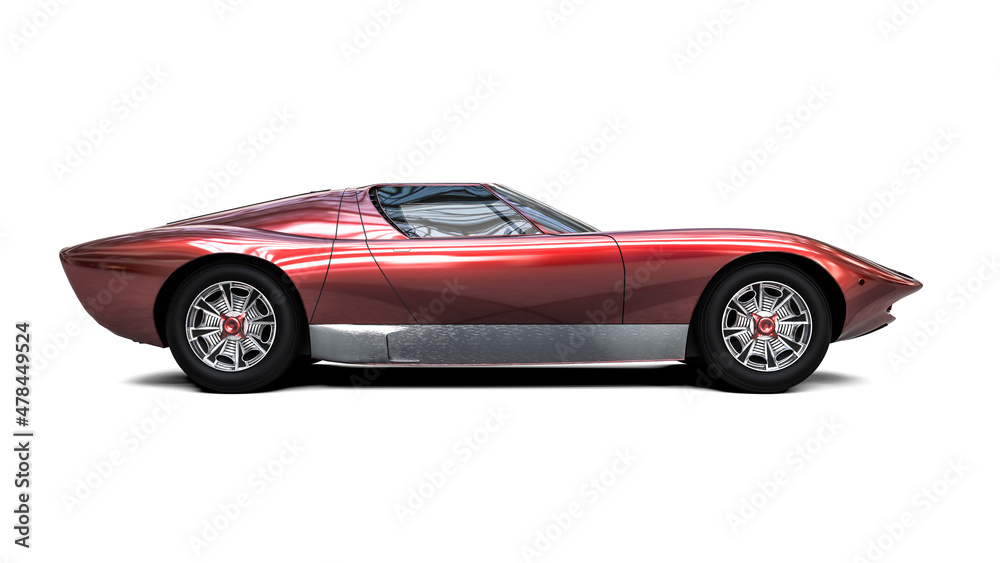 3D realistic illustration. Muscle red car rendering isolated on white background. Vintage classic glossy sport car. Side view.