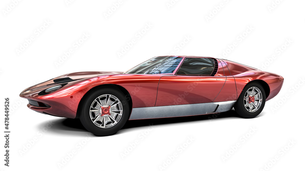 3D realistic illustration. Muscle red car rendering isolated on white background. Vintage classic glossy sport car.