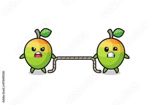 cute mango character is playing tug of war game