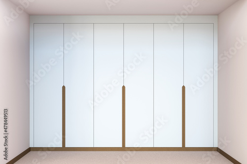 3D rendering. Large modern wardrobe design without handles in light interior. Solid wood accents. White matte furniture. 