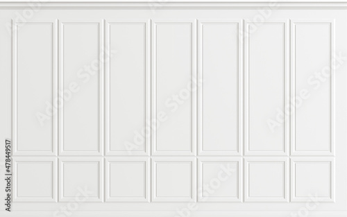 3D rendering. Minimal white empty room wall mockup. Modern classic white wall panels. Geometric pattern.