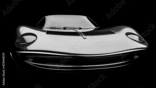 3D realistic illustration. Muscle car isolated on black background. Vintage classic sport car. Black and white.