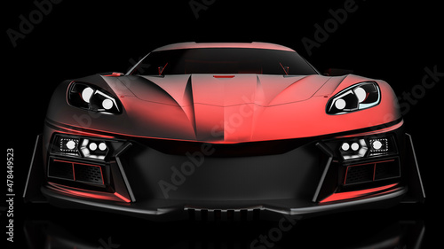 3D realistic illustration. Muscle red car rendering isolated on black background. Modern futuristic sport car. Front view of the race car with the lights on.