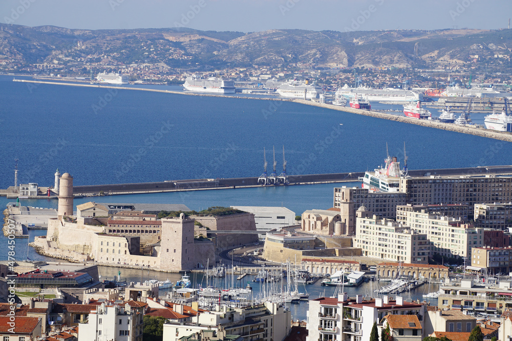 panoramic view of downtown Marseille, south of France and the Mediterranean sea with the harbor