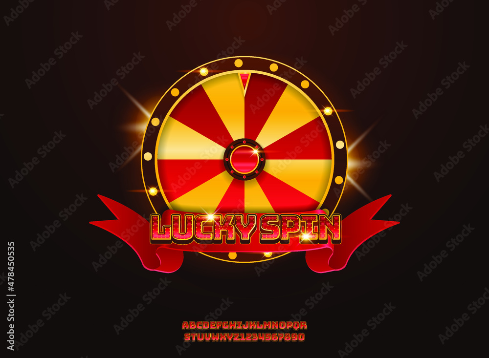 golden red luxury lucky spin with wheel and ribbon casino text effect - obrazy, fototapety, plakaty 