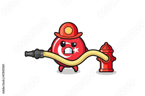 turkey flag cartoon as firefighter mascot with water hose